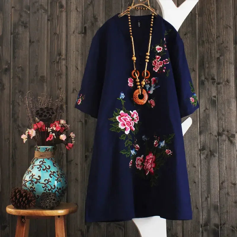 Women Dresses Women's Embroidered Dress Summer Loose Short Sleeve Skirt Vestido De Mujer Femme Robe