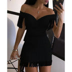 Women Evening Dresses Sexy Big V Neck One-shoulder Fringed Skirt Ladies Temperament Slim Dress Short Sleeve Club Dress Vestidos