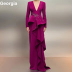 Women'S Evening Dresses Customize A-Line Deep V-Neck Formal Occasion Dresses Floor-Length Zipper Up Long Sleeves Dresses