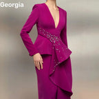 Women'S Evening Dresses Customize A-Line Deep V-Neck Formal Occasion Dresses Floor-Length Zipper Up Long Sleeves Dresses