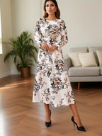 Women Eid Muslim Dresses Puff Sleeve O Neck Morocco Ramadan Flowers Party Dress Arab Kaftan Vestidos Slim Casual Long Robe