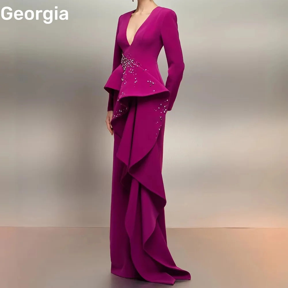 Women'S Evening Dresses Customize A-Line Deep V-Neck Formal Occasion Dresses Floor-Length Zipper Up Long Sleeves Dresses